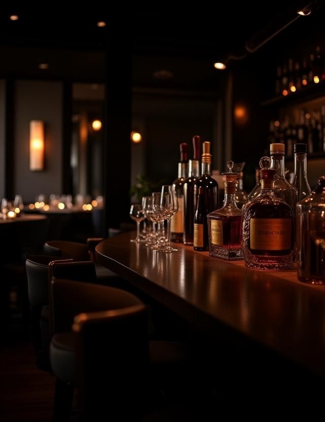 Der stilvolle Barbereich mit einer Auswahl an edlen Spirituosen und gedämpftem Licht.