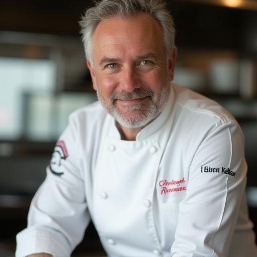 Professionelles Porträt von Chef Elias Keller in seiner Küche.