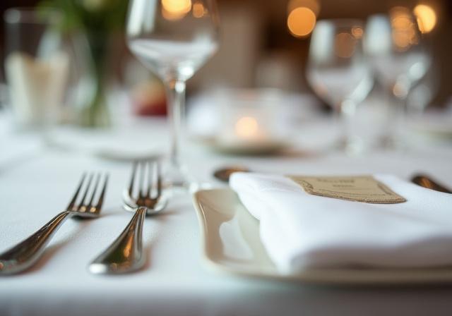 Nahaufnahme eines elegant gedeckten Tisches mit feinem Porzellan, Besteck und einer Leinen-Serviette.