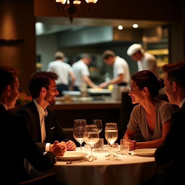 Gäste sitzen am Chef's Table und beobachten die Köche bei der Arbeit.