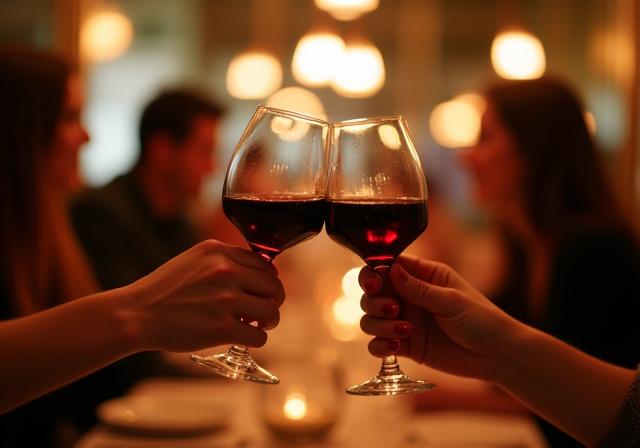Zwei Gäste prosten sich mit Weingläsern zu, im Hintergrund verschwommenes, warmes Restaurantambiente.