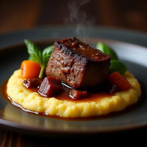 Zartes Kalbsbäckchen mit Polenta auf einem dunklen Teller.
