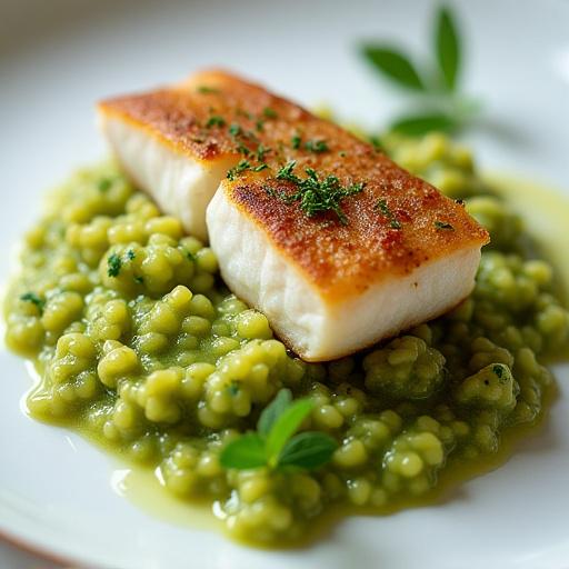 Nahaufnahme eines Zanderfilets auf grünem Bärlauch-Risotto.
